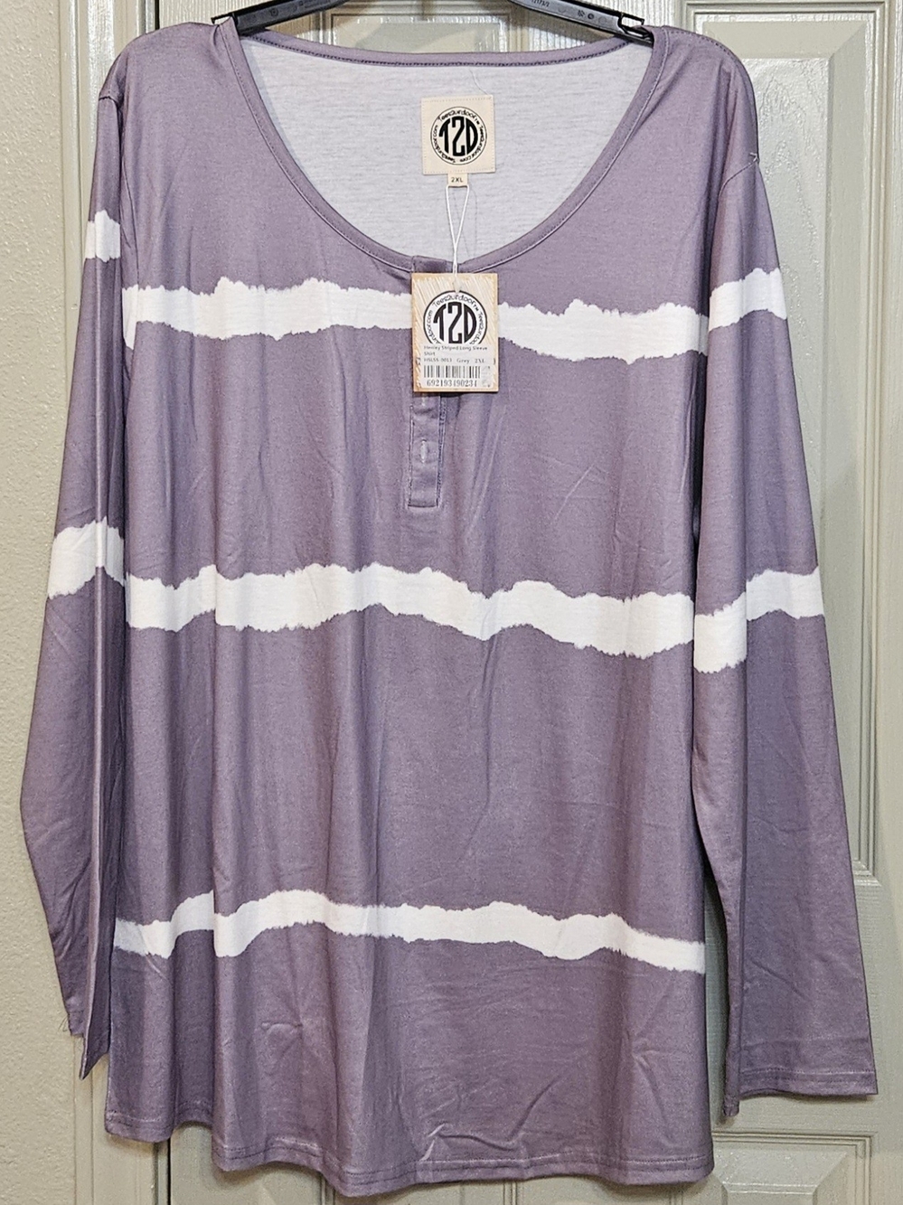 Gray And White Stripe Long-Sleeve Henley Top